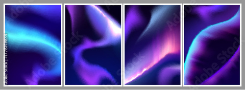 Aurora borealis color backgrounds set. Vector realistic illustration of abstract blue, pink, purple gradient effect, northern light in night winter sky, beautiful backdrop for wallpaper, poster design