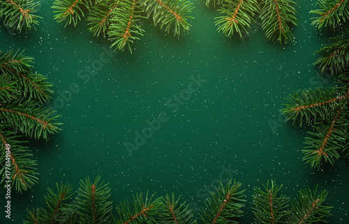 Wallpaper Mural Christmas frame with xmas spruce tree and snow green background. Merry Christmas greeting card, banner, frame. Winter holiday festive theme. Happy New Year. Space for text.	
 Torontodigital.ca