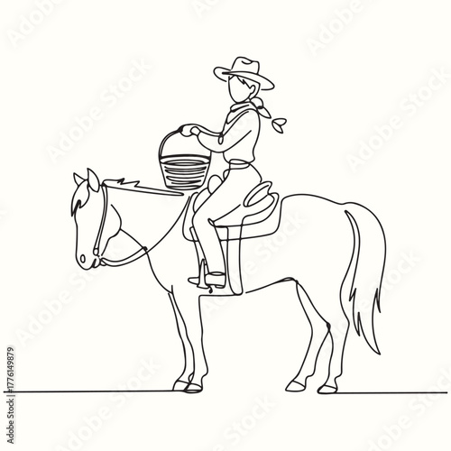 Continuous line drawing of a determined cowgirl riding her horse, carrying a feed bucket, embodying rustic western lifestyle and equestrian hobby
