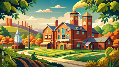 Very beautiful exterior view of Buffalo Trace Distillery in Frankfort, Kentucky, USA, showing classic brick architecture surrounded by greenery under bright summer sunlight.