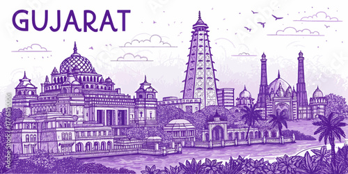 Gujarat Skyline Drawing with Cultural Touch, Showcasing Sabarmati Ashram, Rani ki Vav, Modhera Sun Temple, and Vadodara Palace for Travel Brochures and Posters