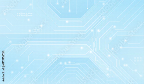 Abstract circuit board pattern with white line traces on light blue tech background - digital network connections and glowing nodes. Modern electronic technology design for innovation or computing.
