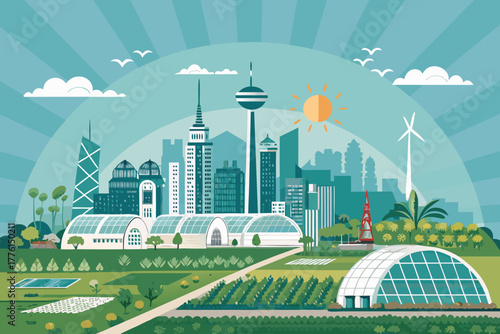 A futuristic city integrating sustainable agriculture.