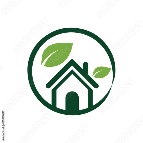 Eco friendly green house with mountain landscape in circular frame representing sustainable living and environmental conservation logo design concept