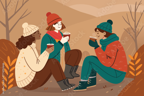 Friends sharing hot chocolate outdoors.
