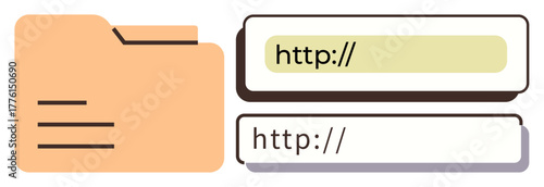 Folder next to address bar entry fields. Ideal for data storage, online organization, web navigation, digital file management, search, technology concepts, simple flat metaphor
