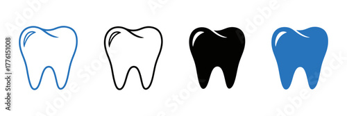 Set of tooth icons in various styles, including blue and black outlines and solid silhouettes. Vector graphics for dentistry, oral hygiene, and dental care clinics