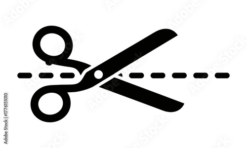 An isolated black icon of open scissors cutting along a dashed line, a vector graphic symbol for coupons, crafts, and instructional guides