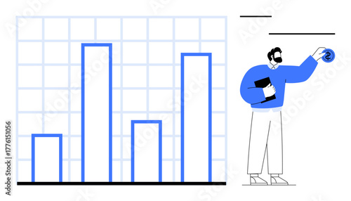 Professional reviewing bar chart trends, holding document, demonstrating financial growth. Ideal for business strategy, finance, data analysis, investment, statistics, market research simple flat