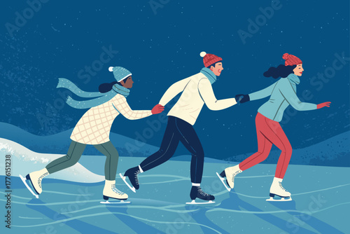 Group of people holding hands while ice skating on a frozen lake.