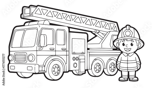 Cartoon firefighter standing beside outlined fire truck  