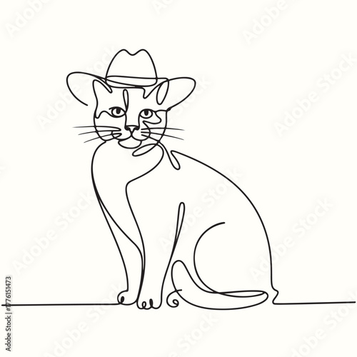 Minimalist continuous line art illustration of a domestic cat wearing a stylish cowboy hat, an elegant and abstract feline design