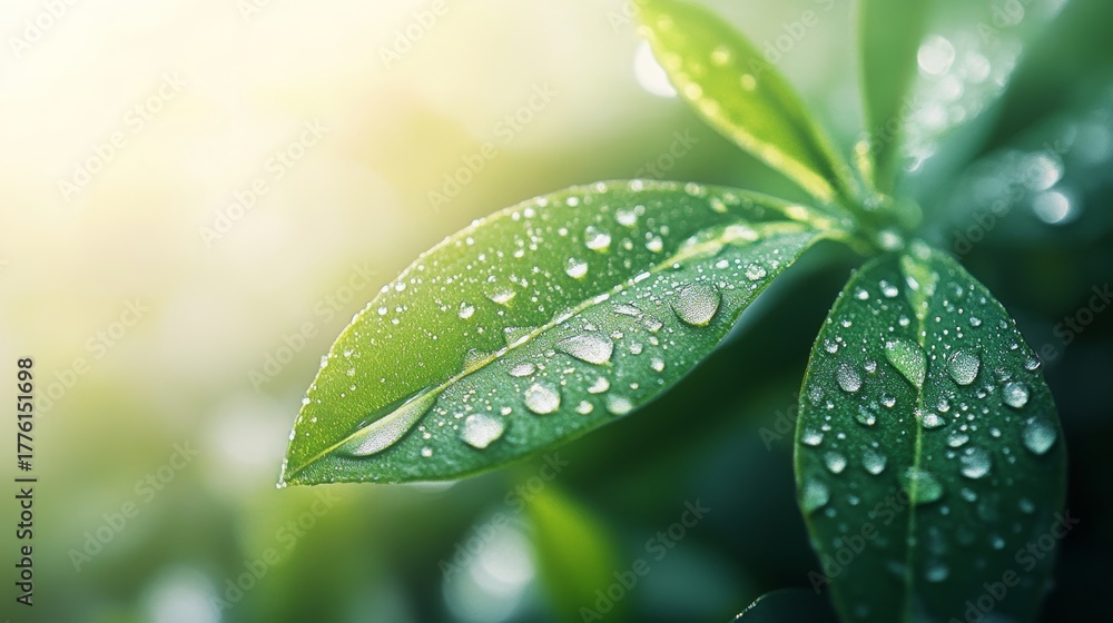 Fototapeta premium Raindrops glisten on fresh green leaves in a sunlit garden during early morning hours