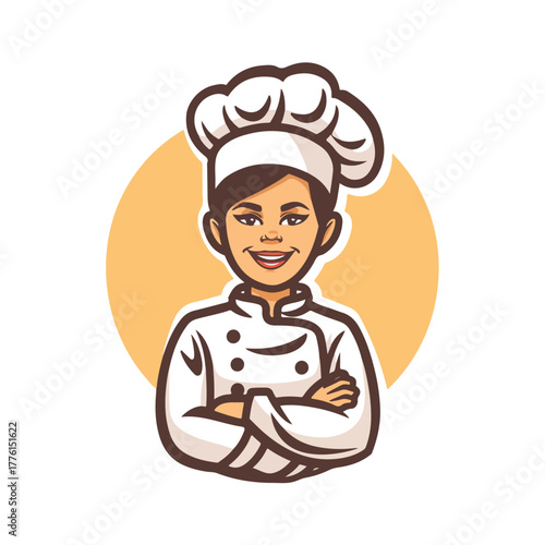 Professional female chef in white uniform holding notepad with confident pose in warm orange circle background ideal for culinary school or restaurant branding