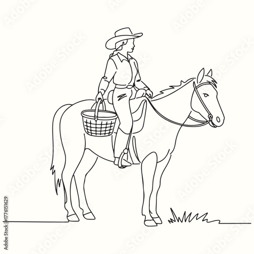 Continuous one line drawing of a cowgirl riding a horse, holding a harvest basket in a minimalist farm-inspired vector illustration