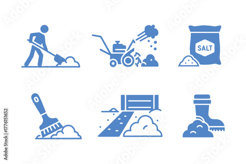 Minimalist blue line icons set for snow removal in winter: shovel, snowblower, salt, broom, road, boots — ideal for winter safety, road maintenance and seasonal services content.