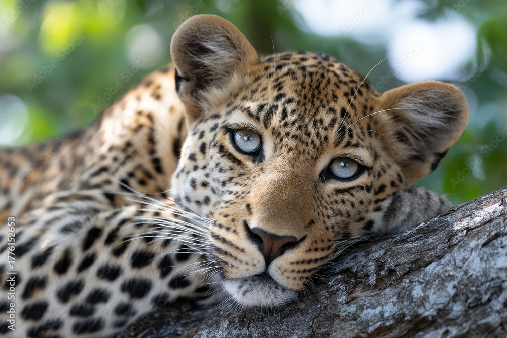 Obraz premium Leopard rests on tree branch under sunlight in lush green environment