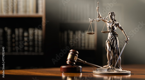 Legal Concept: Themis is the goddess of justice and the judge's gavel hammer as a symbol of law and order on the background of books