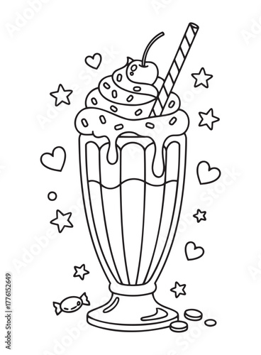 Ice cream sundae with cherry and straw in outlined style  