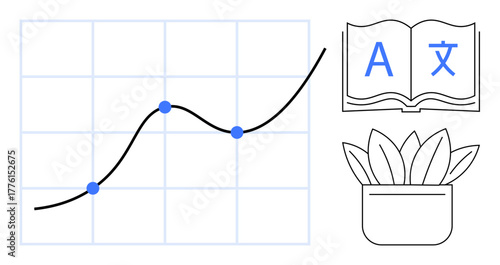 Line chart with upward trend and plotted points, open book with multilingual text, and potted plant. Ideal for education, growth, language learning, analytics, success, knowledge sharing minimal
