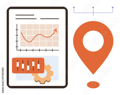 Performance chart with upward trend line, candlestick graph, gear icon, and map marker. Ideal for analytics, strategy, growth, navigation technology research development. Simple flat metaphor
