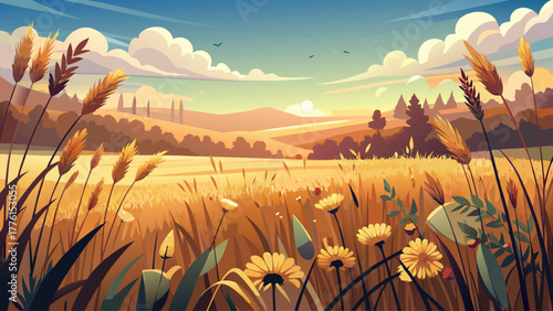 Calm meadow with tall dry grass and wildflowers bathed in morning sunlight, warm golden hues reflecting serenity and natural harmony, panoramic countryside view, soft detailed vector scene