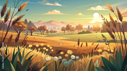 Calm meadow with tall dry grass and wildflowers bathed in morning sunlight, warm golden hues reflecting serenity and natural harmony, panoramic countryside view, soft detailed vector scene