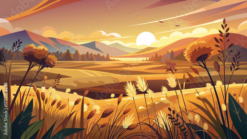 Abstract warm countryside landscape with dry grass and soft wildflowers glowing in golden hour light, gentle breeze over open fields, peaceful autumn sunset atmosphere, detailed natural vector