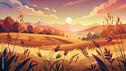 Abstract warm countryside landscape with dry grass and soft wildflowers glowing in golden hour light, gentle breeze over open fields, peaceful autumn sunset atmosphere, detailed natural vector