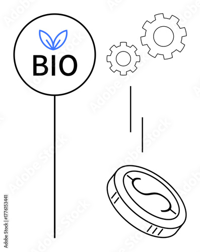 Bio circle with leaf icon, cogs symbolizing processes, and coin for economy. Ideal for sustainability, green economy, renewable energy, eco-business, organic farming, innovation environmental
