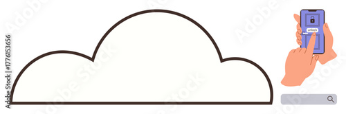 Large cloud outline emphasizes storage concept. Hands hold a phone displaying a locked screen and a password input. Ideal for data security, cloud computing, digital privacy, mobile access, online