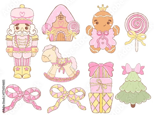 Cute Sweet Nutcracker Christmas Clipart Set – Pastel Coquette Holiday Gingerbread, Candy, Bows, Gifts, Rocking Horse, Digital PNG Bundle for Scrapbooking and Crafts