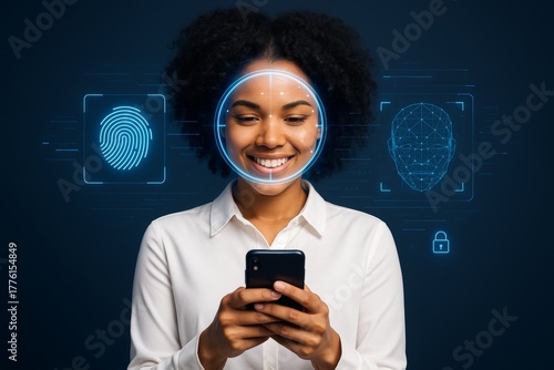 Woman using facial recognition and biometric technology on smartphone with digital security icons on dark background, showcasing identification concept. Ai generative