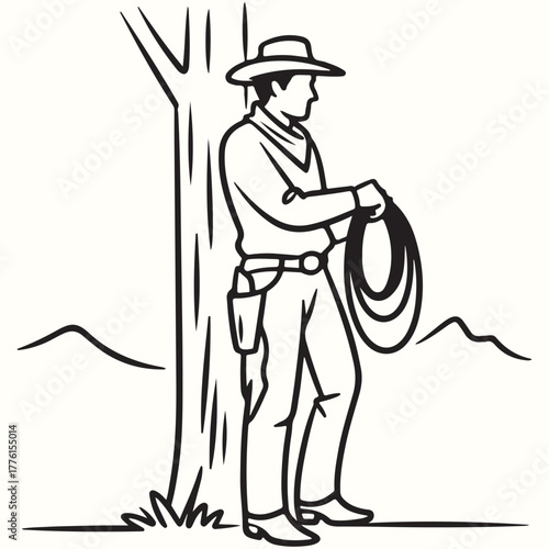 Minimalist continuous line art depicting a cowboy on a resting horse, a symbolic representation of Western spirit and traditional horsemanship