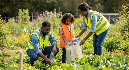 Family volunteering in garden, celebrating Earth Day through community care and environmental action