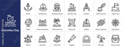 Columbus Day vector icons set with exploration, discovery, and nautical themes