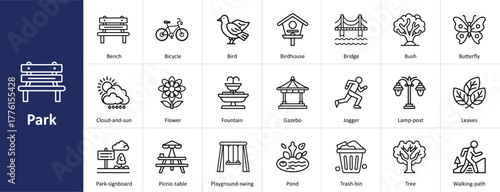 Park vector icon set with outdoor recreation, nature, and public garden concepts