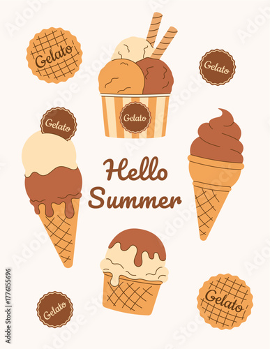 Summer colored banner with text box. Frame with soft vanilla, chocolate ice cream, gelato in waffle cone, scoop in paper cup on white background. Hand drawn Flat Vector illustration EPS10