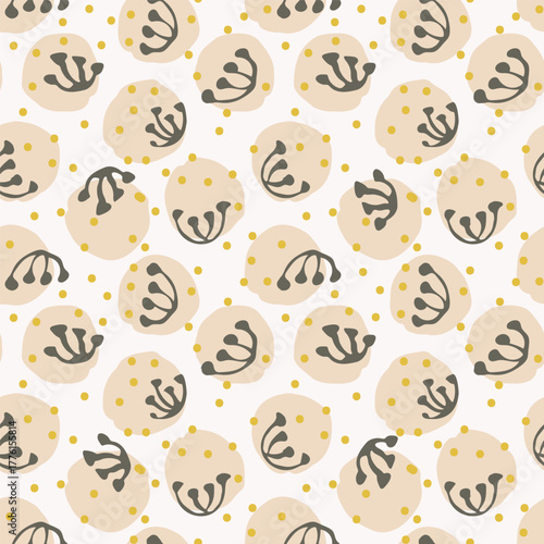 Round florals with stamens and polka dots, forming a minimalist abstract floral pattern in subtle colors of gray, yellow and cream on off white. Botanical seamless vector pattern. Great for home decor