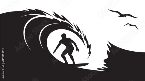 Surfer riding a wave black and white illustration perfect for sports and recreation designs