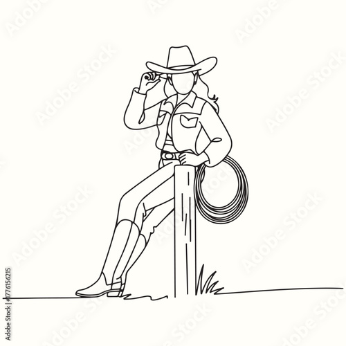 Continuous line art depicts a confident cowgirl tipping her hat, leaning on a fence post with a lasso, embodying Western charm