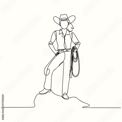 Dynamic continuous line art illustration of a confident cowgirl wearing a hat and holding a lasso, symbolizing strength, independence, and western spirit in a minimalist style