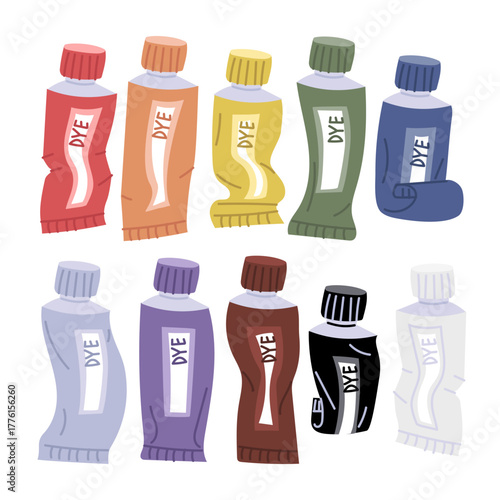 set of multicolored paint tubes. vector multicolored flat illustration. Artistic design element for creative projects, packaging, cosmetics, or stationery. Perfect for printing, online use, decoration