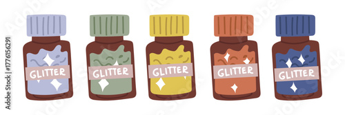 set of multicolored glitter jars for decoration. Vector multicolored flat illustration. An artistic design element for creative projects, packaging, cosmetics, or stationery. Perfect for printing