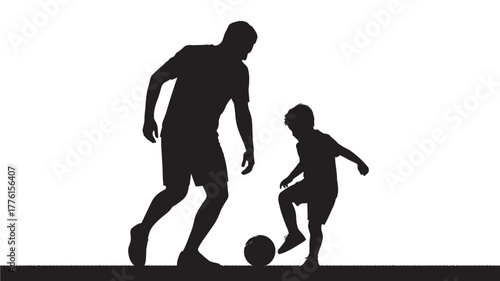 Silhouette of father and son playing soccer a illustration for family time isolated on white background