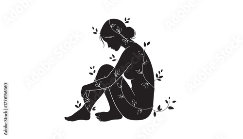 Silhouette of a nude woman sitting with her head down, surrounded by winding vines and leaves against a white background.