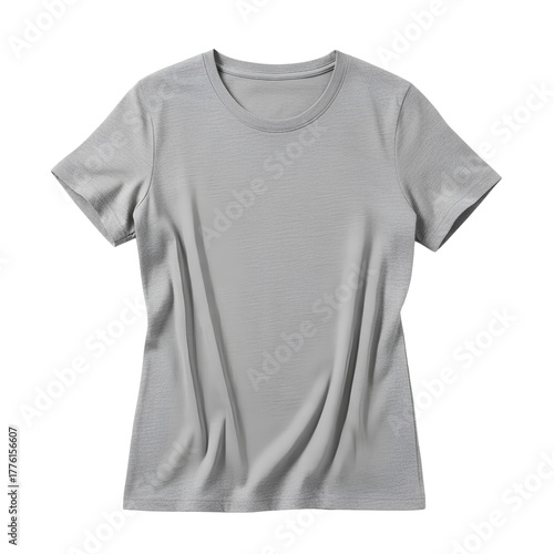 Heather gray women’s T-shirt laid flat, soft fabric folds, minimal studio lighting transparent background
