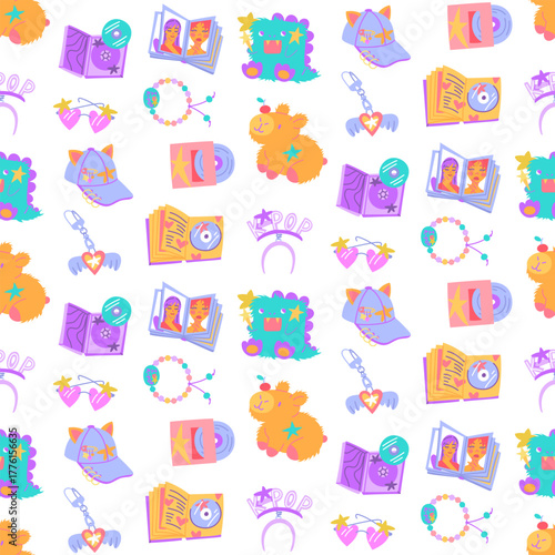 Seamless pattern with K-pop items. Album with disk, souvenir products, soft toy, cap, glasses, keychain. Korean music industry. Colorful flat texture children's products, textiles, packaging, design.