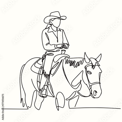 Continuous Line Art Drawing of a Woman in Cowboy Hat Riding a Horse in a Western Style