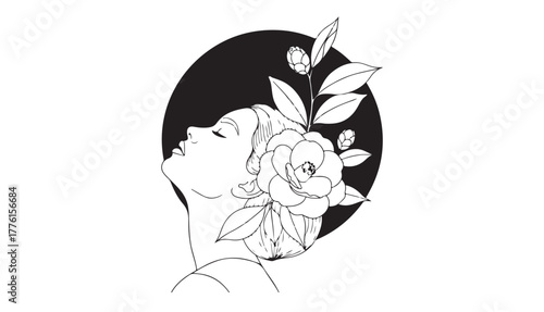 Elegant line art illustration of a woman with her head tilted back, adorned with flowers.